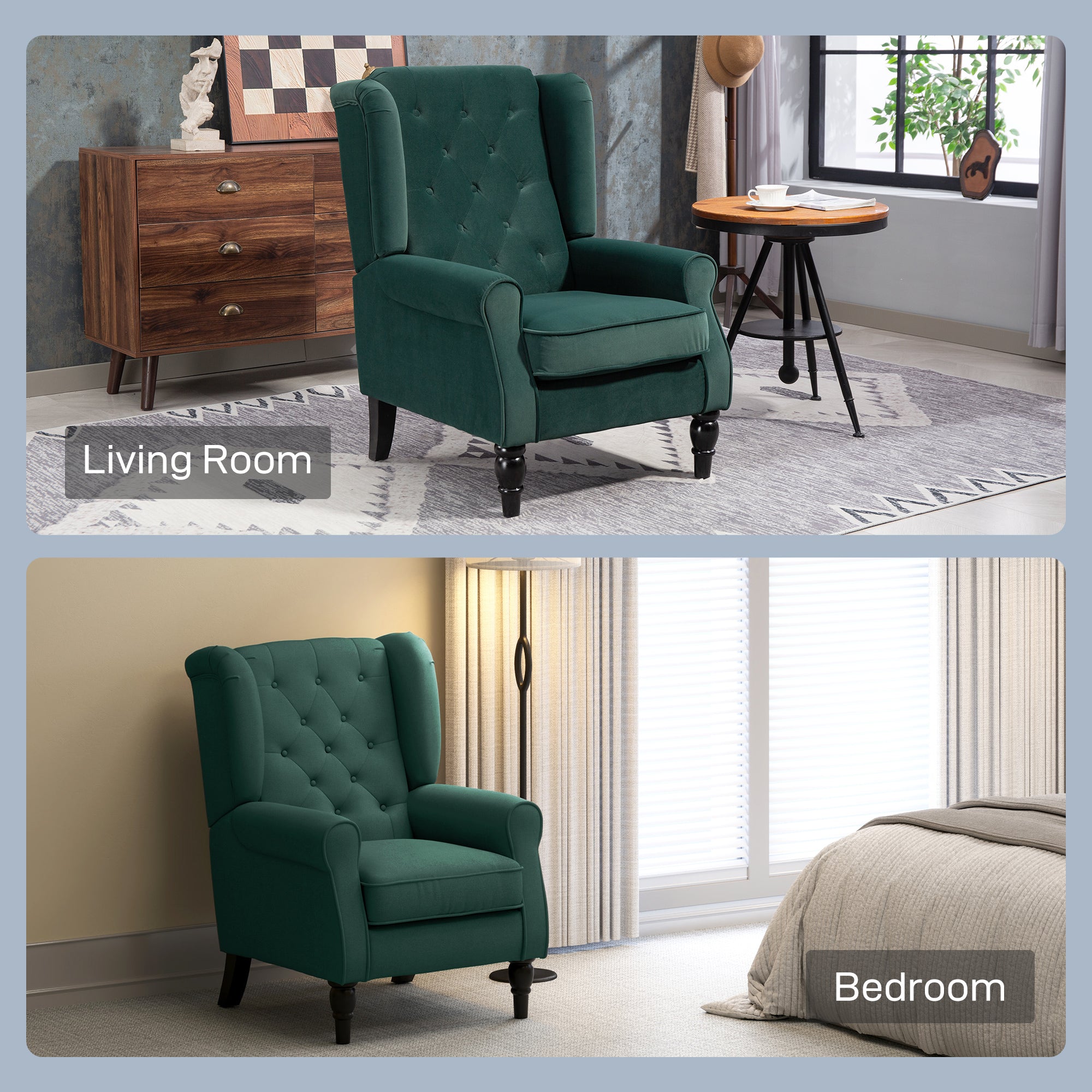 Emerald green velvet wingback accent chair with tufted upholstery and dark wooden legs perfect for floor height seating