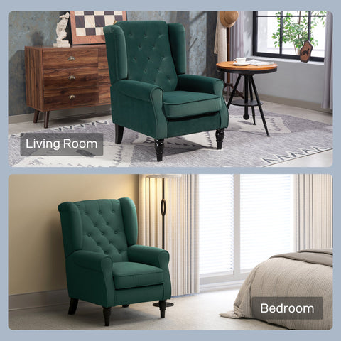 Emerald green velvet wingback accent chair with tufted upholstery and dark wooden legs perfect for floor height seating