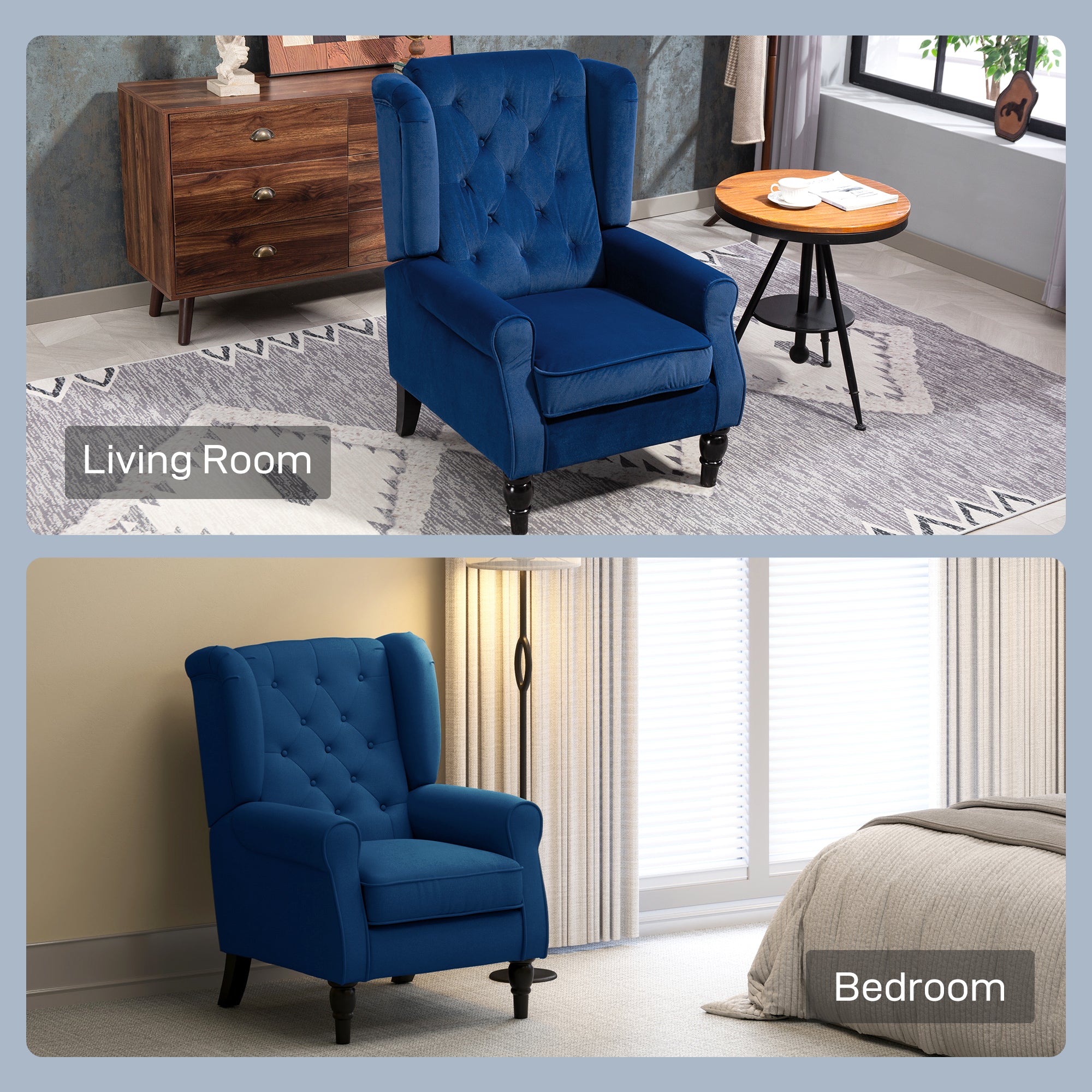 Deep blue velvet wingback accent chair with tufted upholstery and dark wooden legs floor height for living room