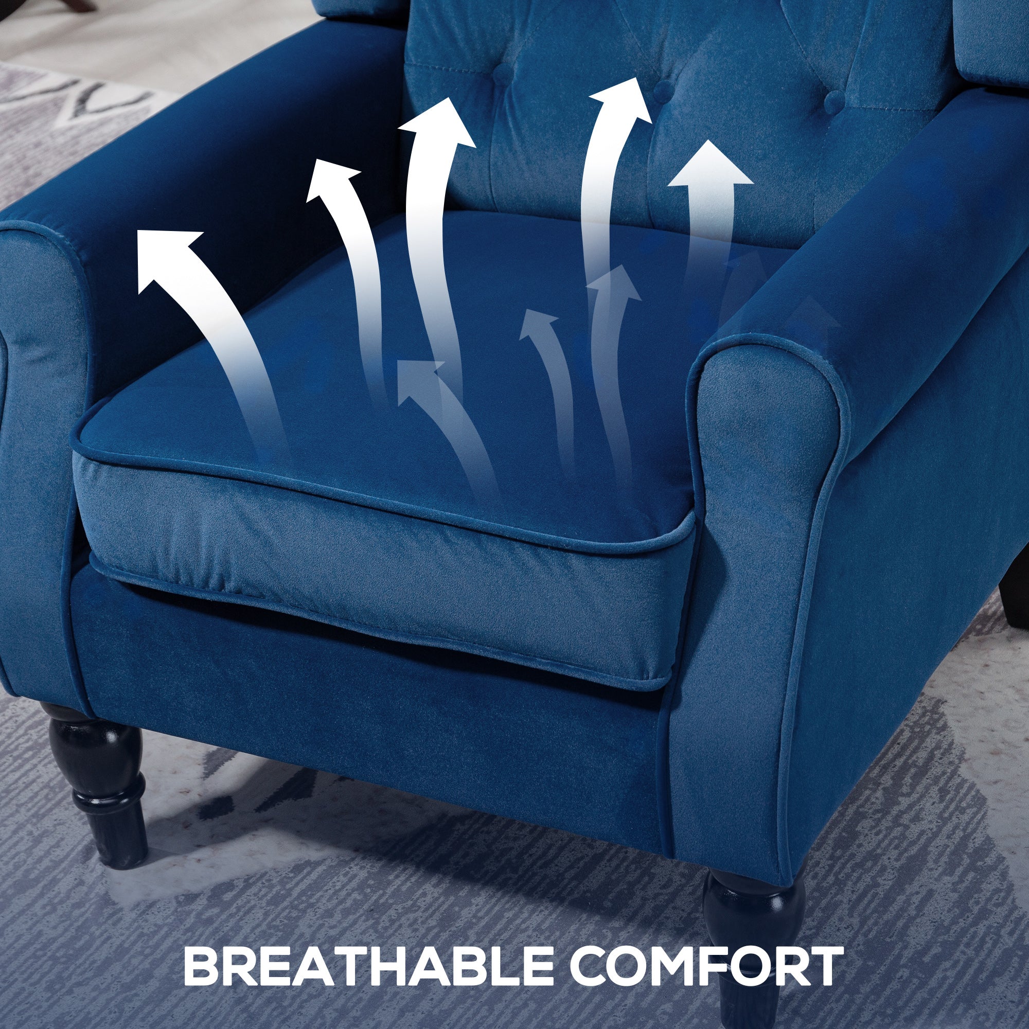 Deep blue velvet homcom wingback accent chair with tufted back and black wooden legs floor height for living room