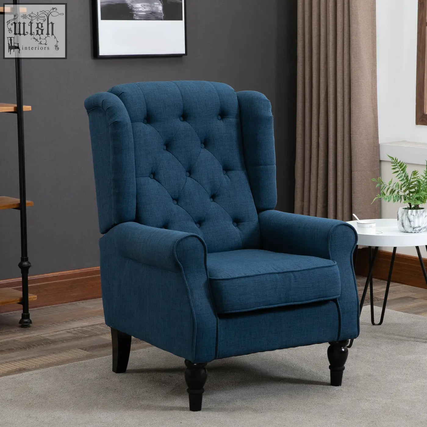 Deep blue HOMCOM wingback accent chair with button tufted upholstery and dark wooden floor height legs for living room