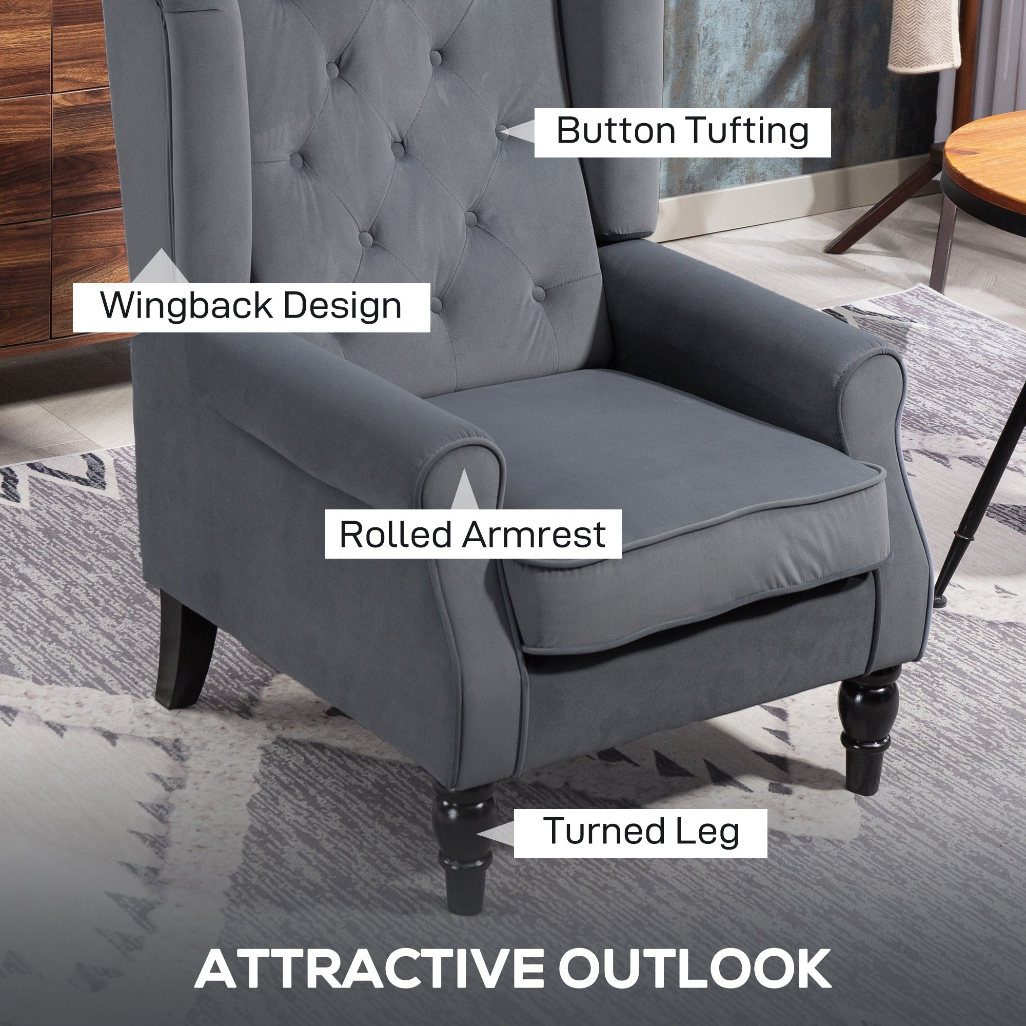 Gray velvet homcom wingback accent chair with button tufting rolled arms and floor height turned legs for living room