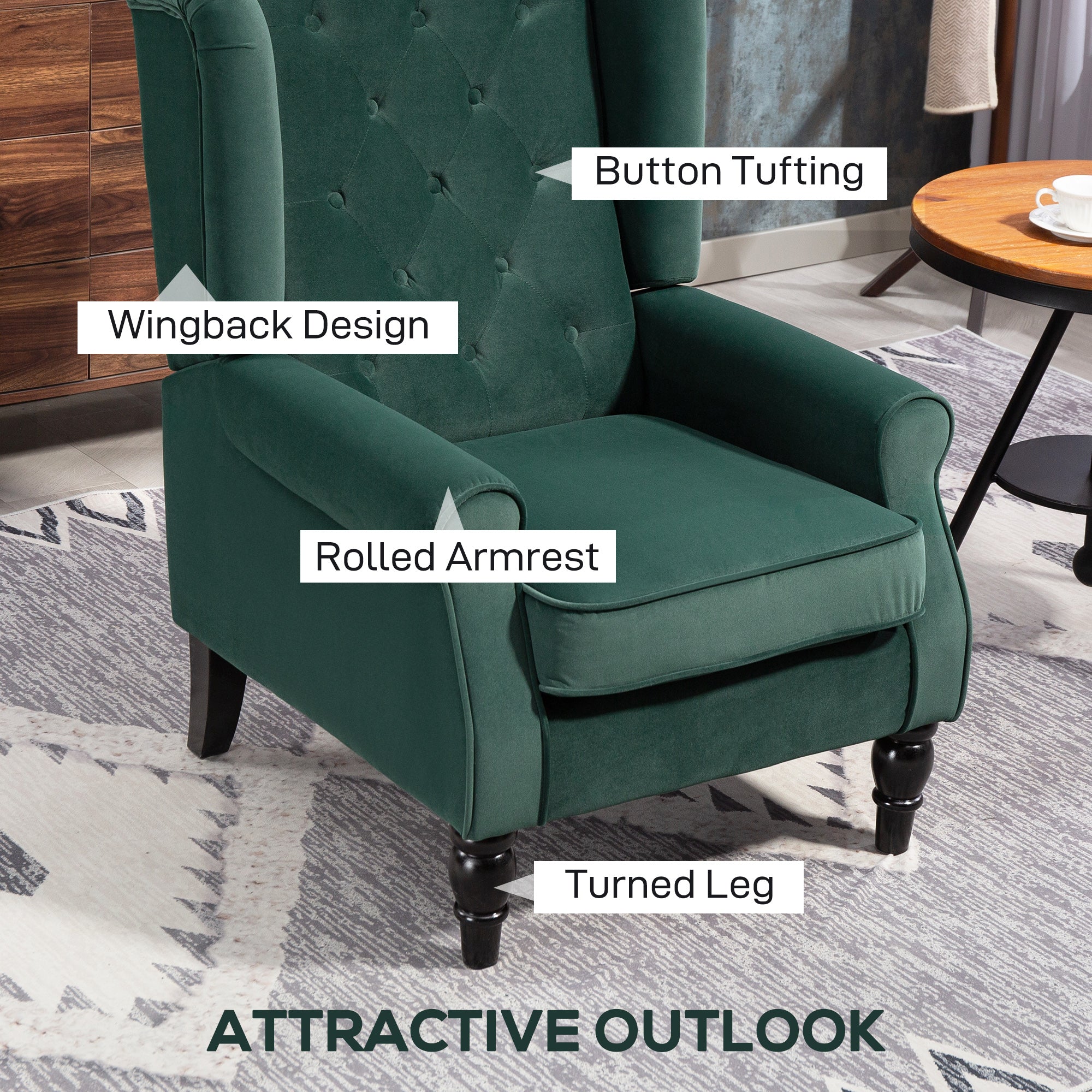 Deep emerald green velvet wingback accent chair with button tufting and turned legs perfect for floor height use