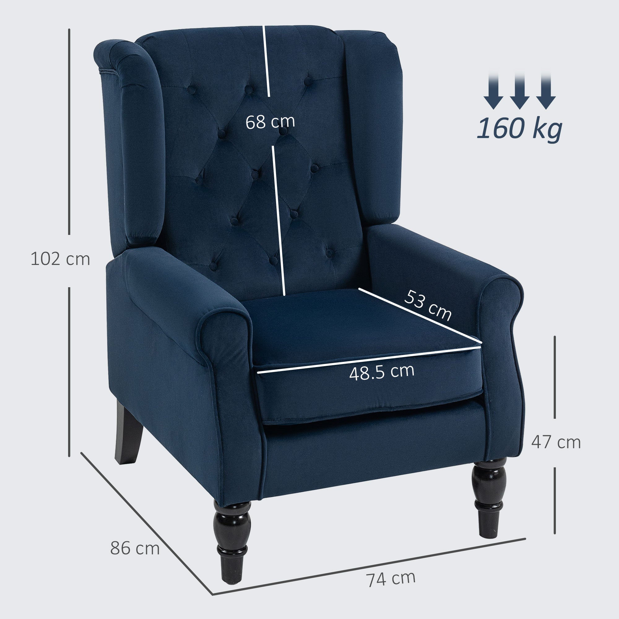 Deep navy velvet wingback accent chair with tufted back and dark wooden legs ideal for living room floor height seating