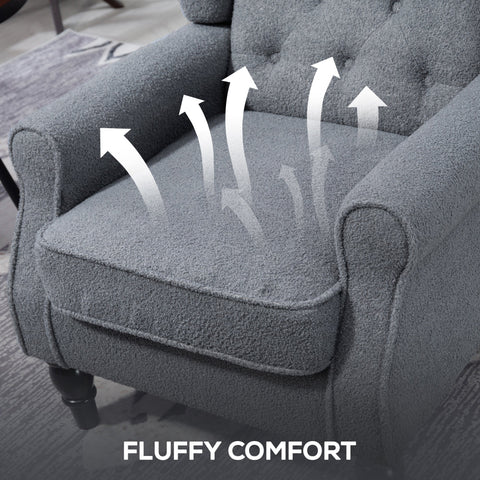 Gray homcom wingback accent chair with teddy fleece upholstery and dark wooden legs perfect for living room floor height