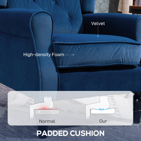 Deep blue velvet homcom wingback accent chair with button tufted upholstery and high-density foam padding at floor height