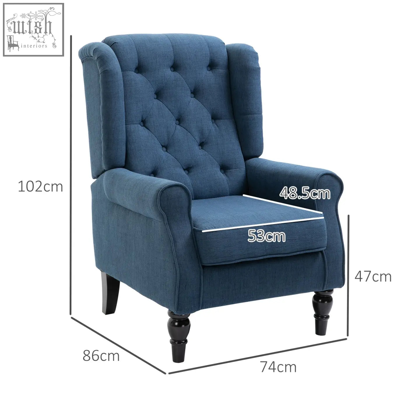 Deep blue tufted wingback accent chair with rolled arms and dark wooden legs perfect for floor height spaces