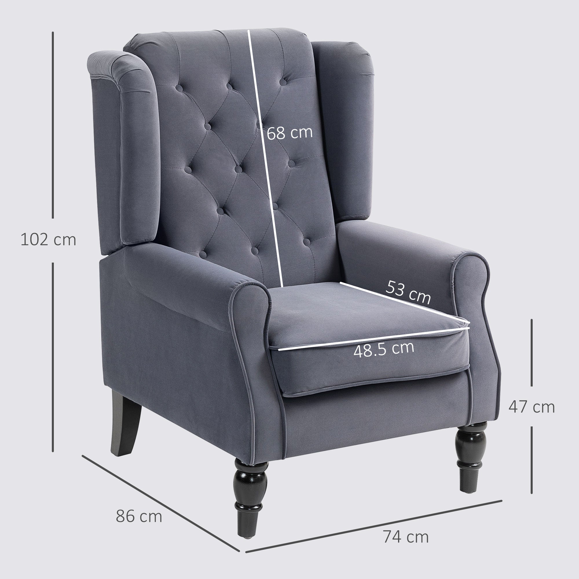 Gray velvet charcoal grey wingback accent chair with tufted back and rolled arms perfect for floor height seating