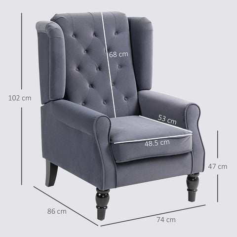 Gray velvet charcoal grey wingback accent chair with tufted back and rolled arms perfect for floor height seating