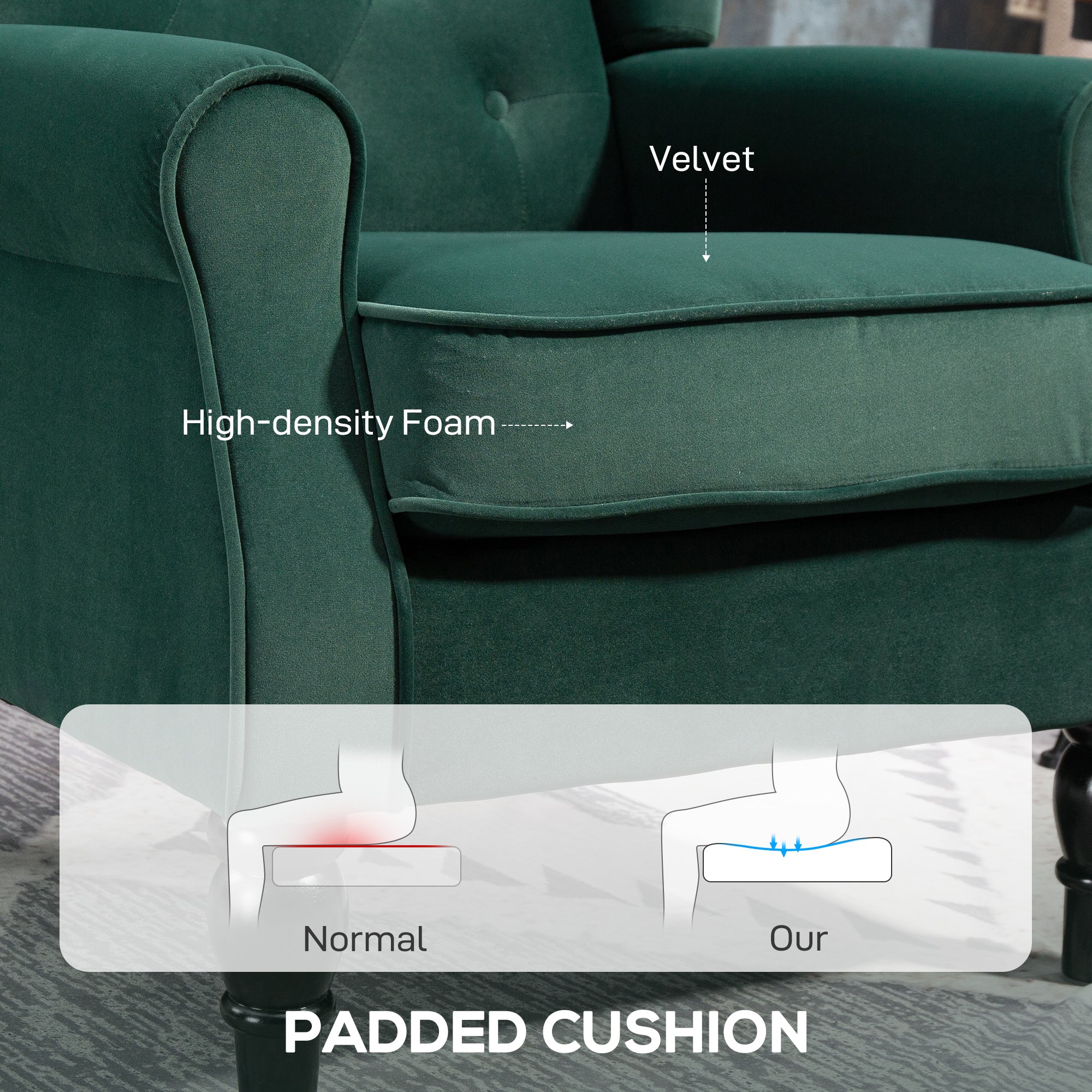 Deep emerald green velvet wingback accent chair with high density foam padding for living room floor height seating