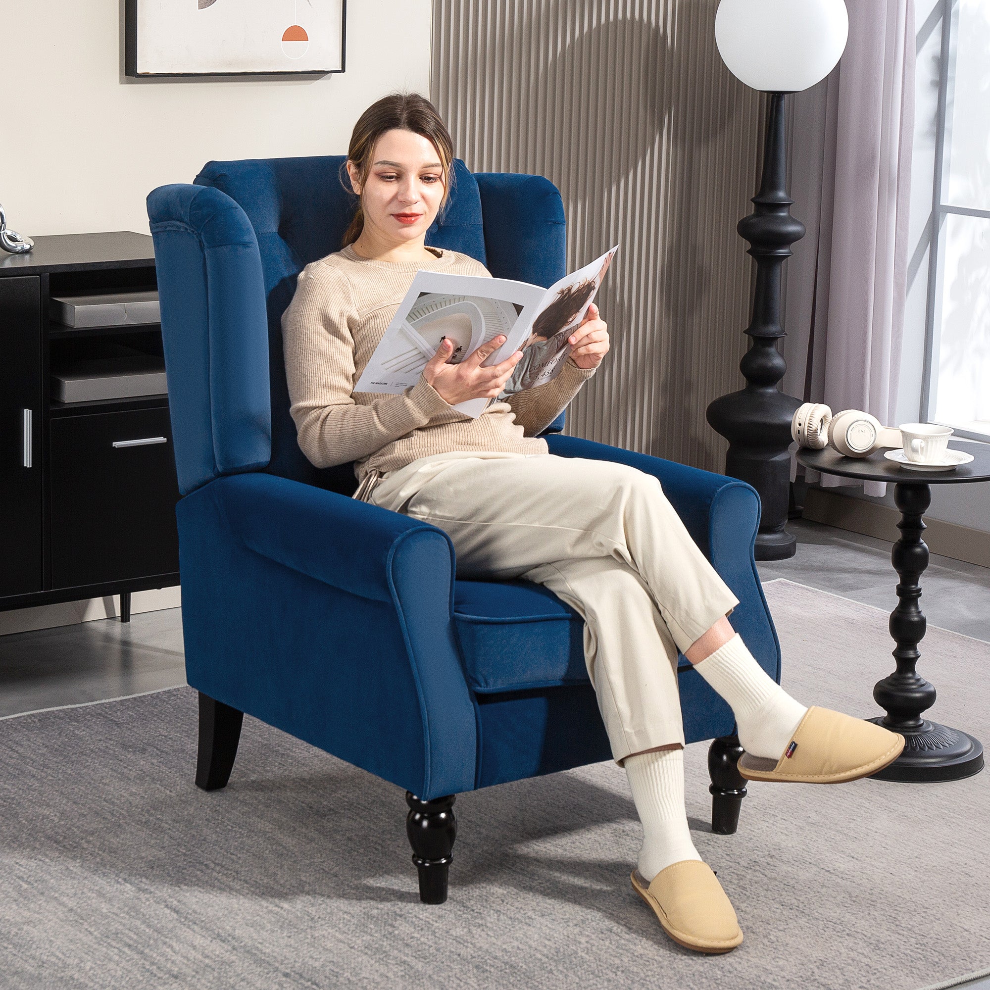 Deep blue velvet homcom wingback accent chair with button tufted back and dark wooden legs floor height seating