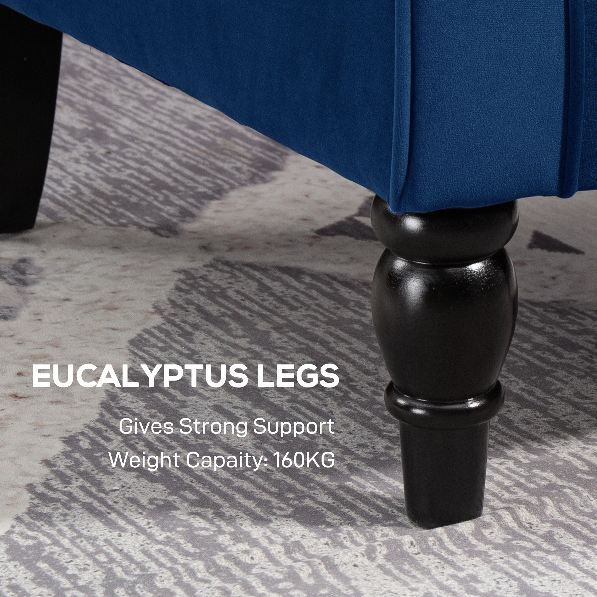 Black eucalyptus legs with polished turned wood design on homcom wingback blue accent chair floor height