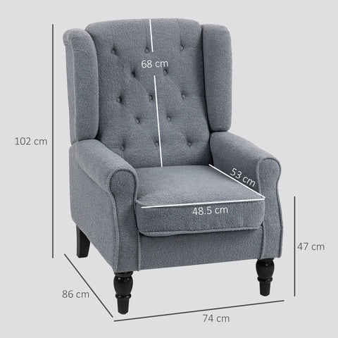 Gray tufted wingback accent chair with teddy fleece upholstery and black wooden legs perfect for floor height seating