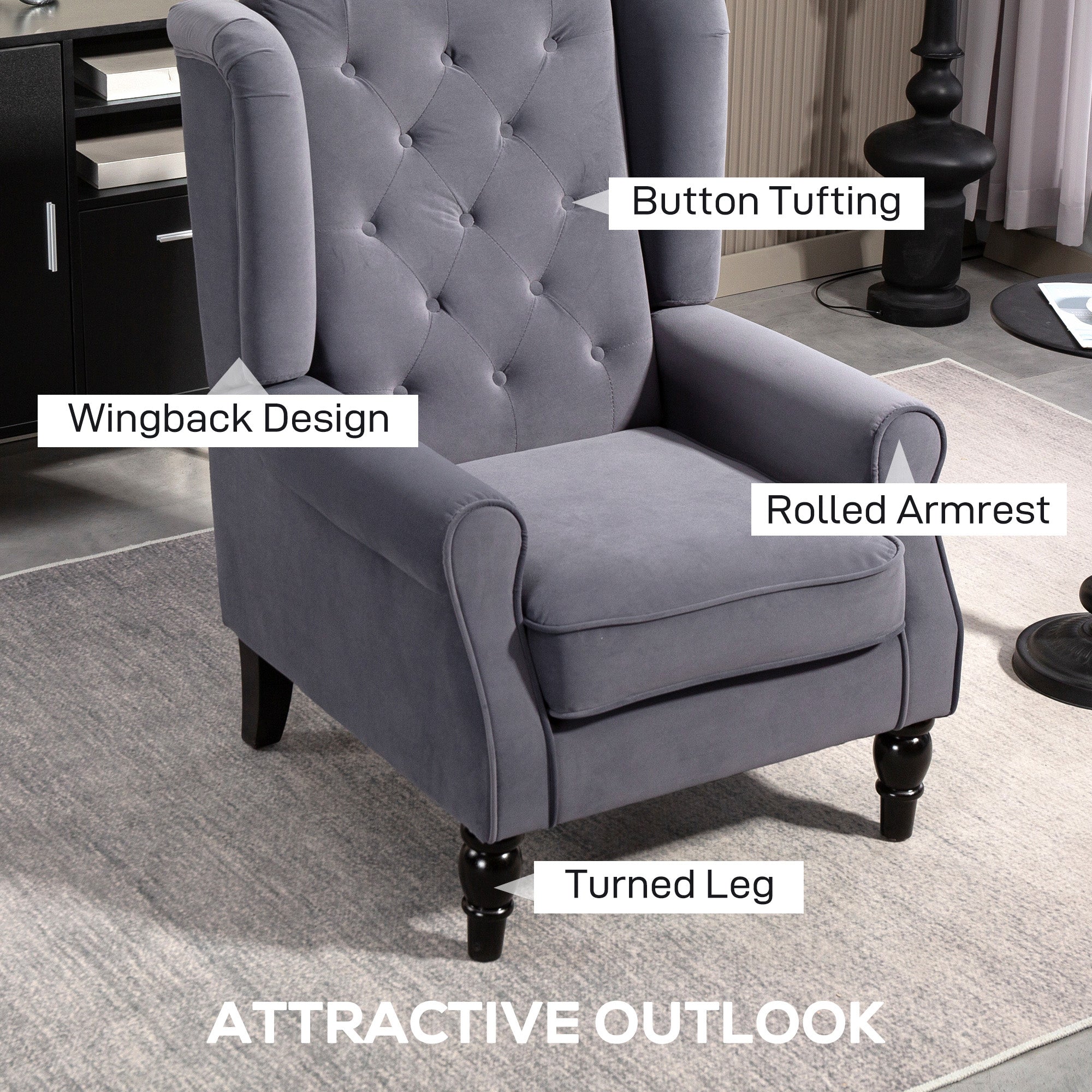 Gray velvet wingback accent chair with button tufting and turned legs in charcoal grey floor height for living room