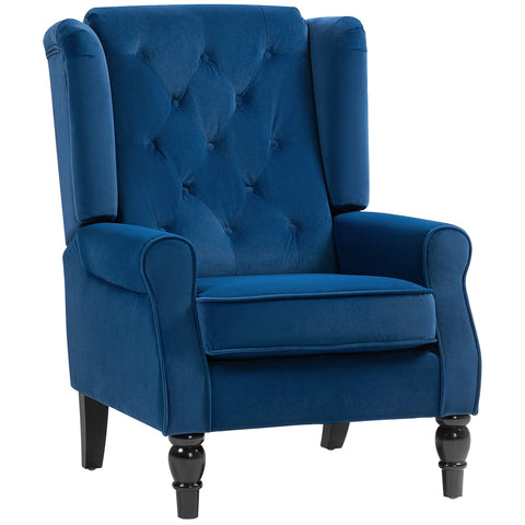 Deep blue velvet wingback accent chair with tufted back and dark wooden legs perfect for floor height seating