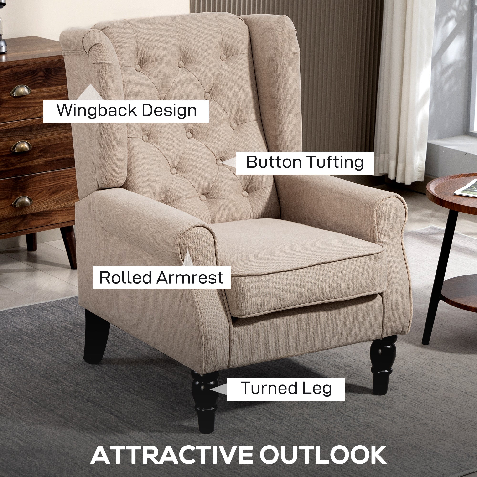 Beige tufted wingback accent chair with rolled arms and turned legs in snow flannel fabric for floor height seating
