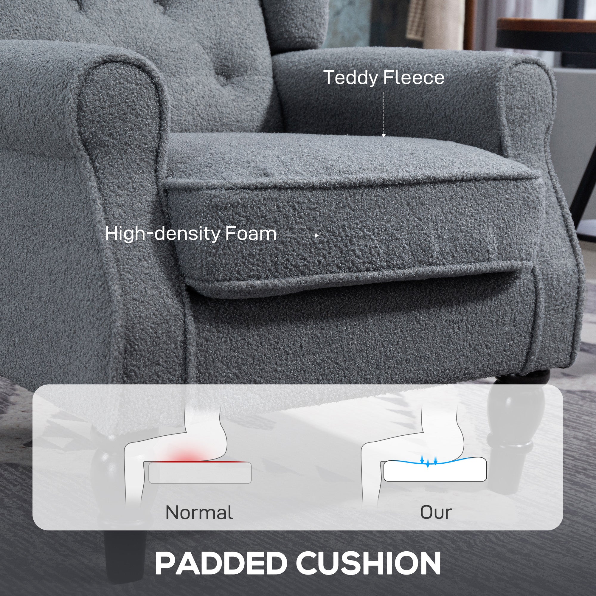 Gray HOMCOM wingback accent chair upholstered in plush teddy fleece with high-density foam for floor height comfort