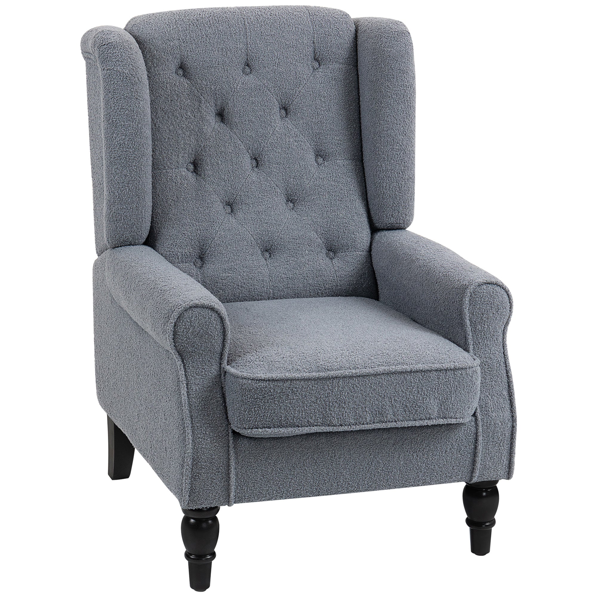 Gray tufted wingback accent chair with teddy fleece textured fabric and dark wooden legs at floor height