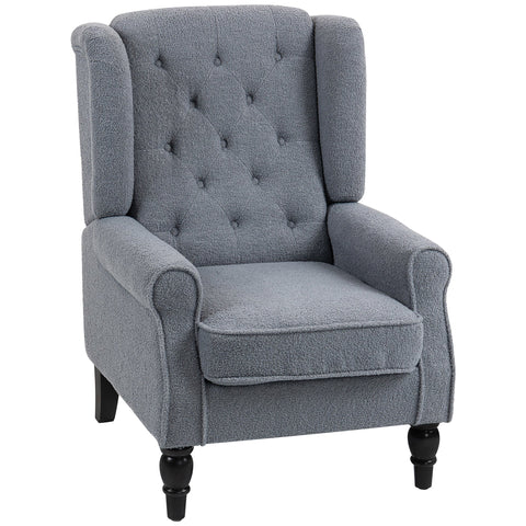 Gray tufted wingback accent chair with teddy fleece textured fabric and dark wooden legs at floor height
