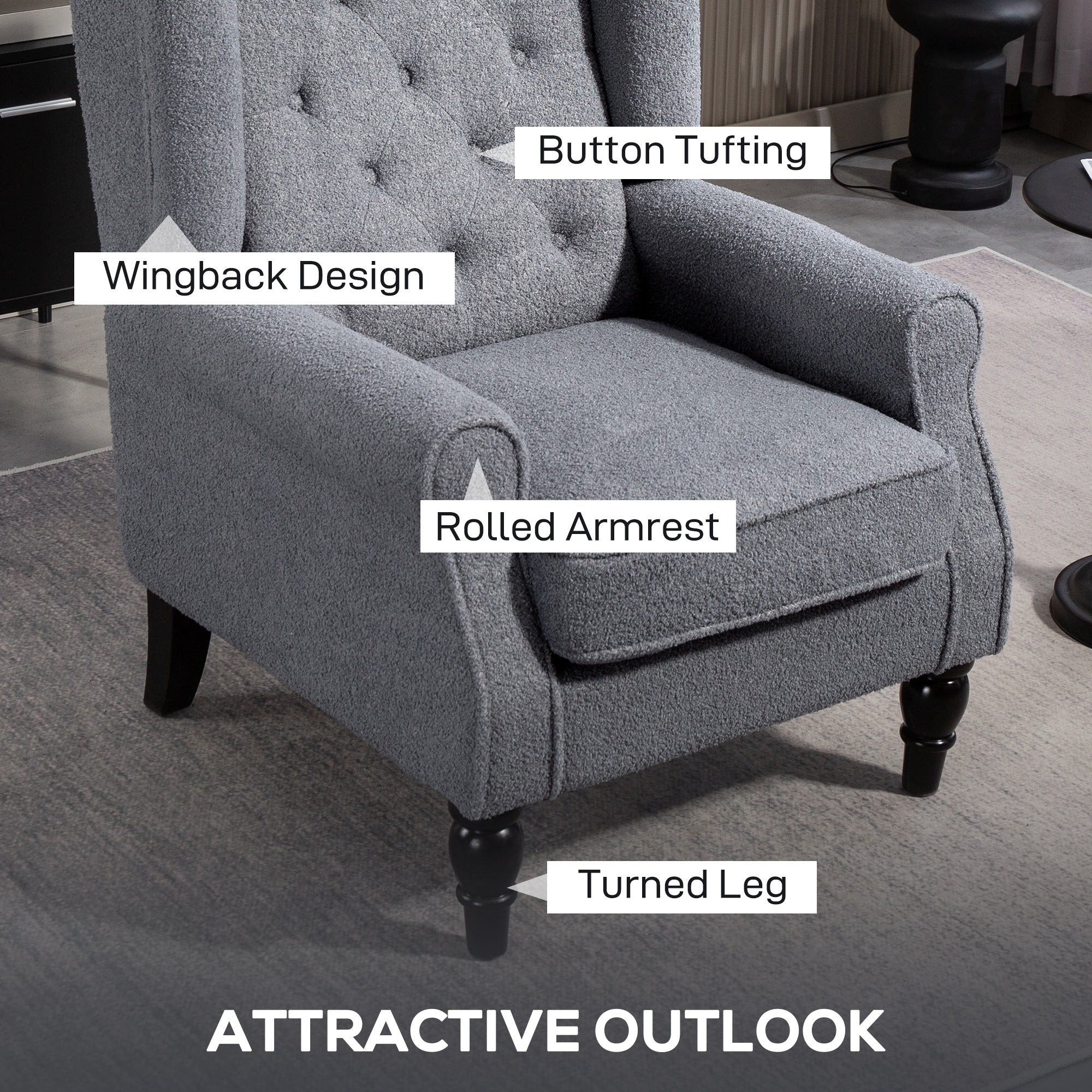 Gray upholstered wingback accent chair with button tufting and rolled arms perfect for living room floor height seating