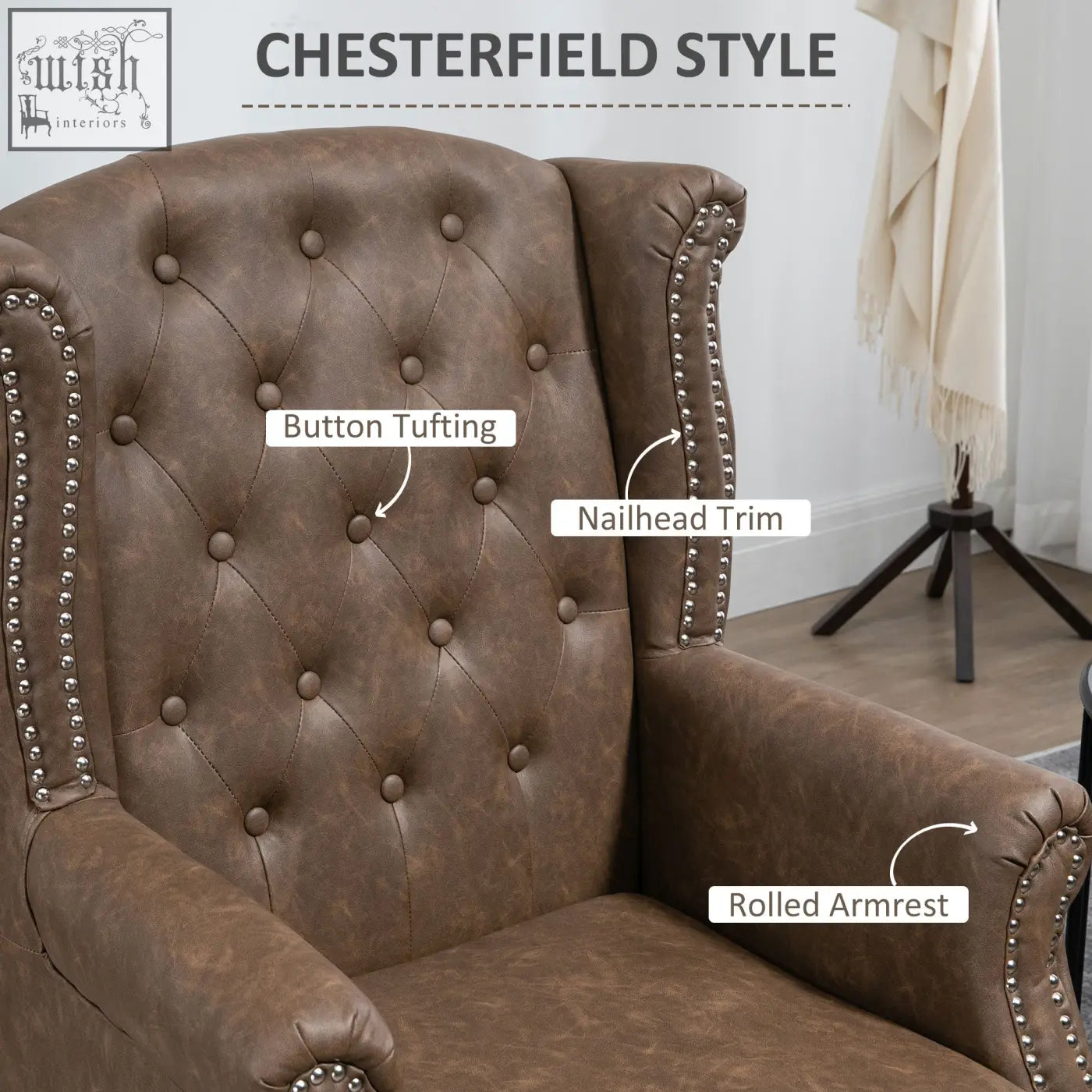 Brown leather chesterfield armchair with button tufting nail head trim and eucalyptus wood frame with seat cushion