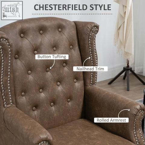 Brown leather chesterfield armchair with button tufting nail head trim and eucalyptus wood frame with seat cushion