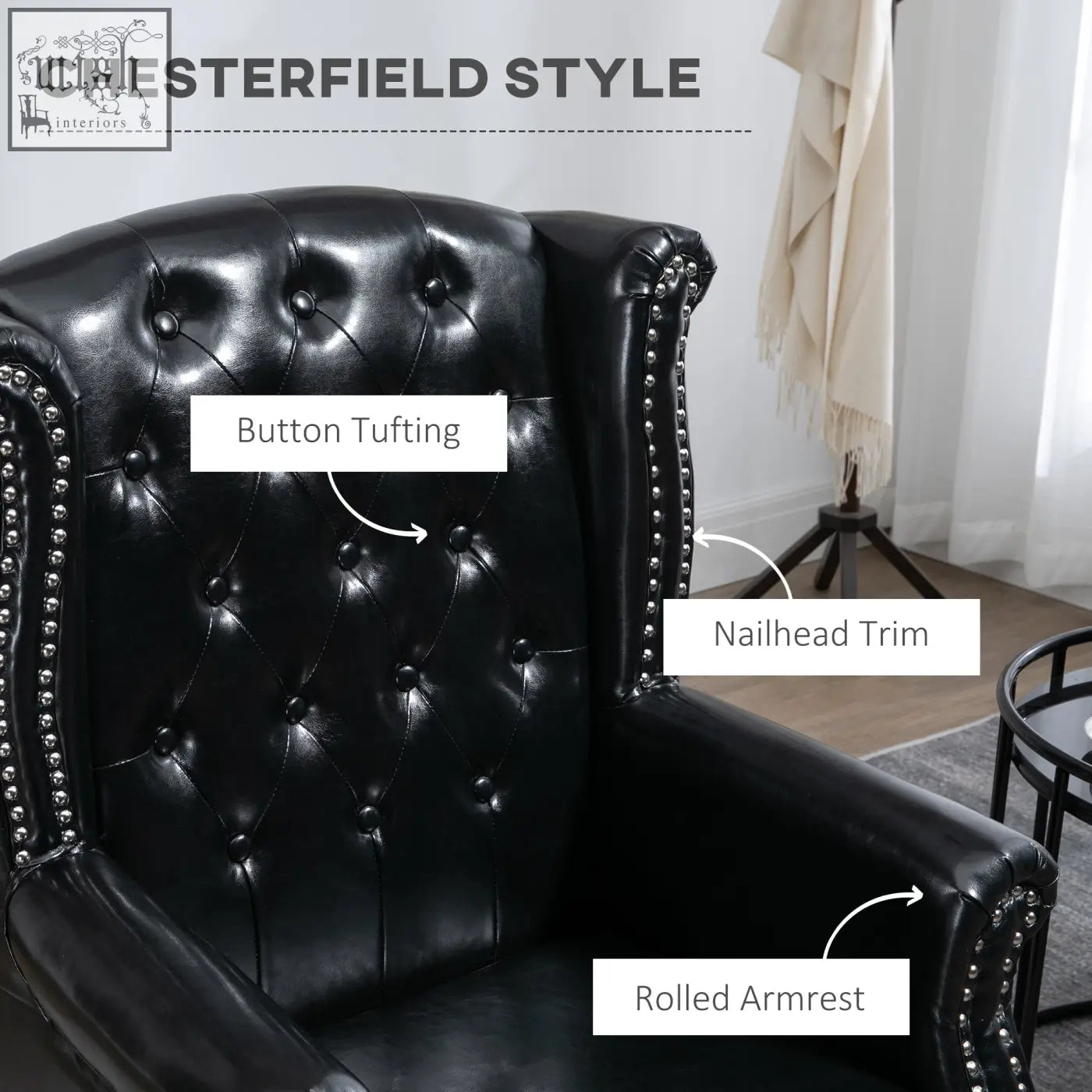 Black leather HOMCOM wingback accent chair with tufted seat cushion and eucalyptus wood frame for living room use
