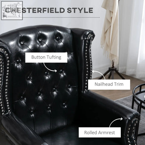 Black leather HOMCOM wingback accent chair with tufted seat cushion and eucalyptus wood frame for living room use