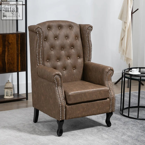 Brown homcom wingback accent chair with tufted seat cushion nail head trim and eucalyptus wood legs for living room