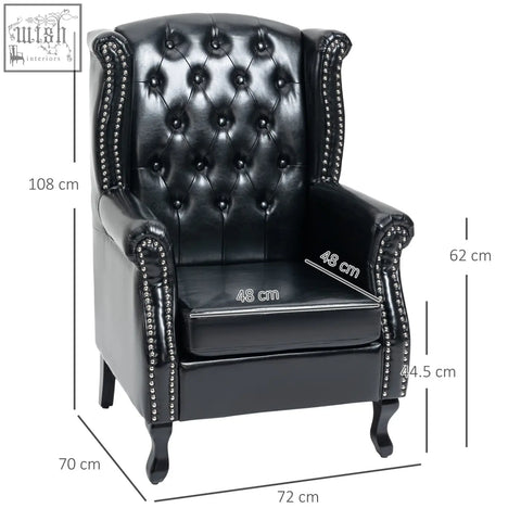 Black leather wingback accent chair with tufted seat cushion and silver nailhead trim on eucalyptus wood frame