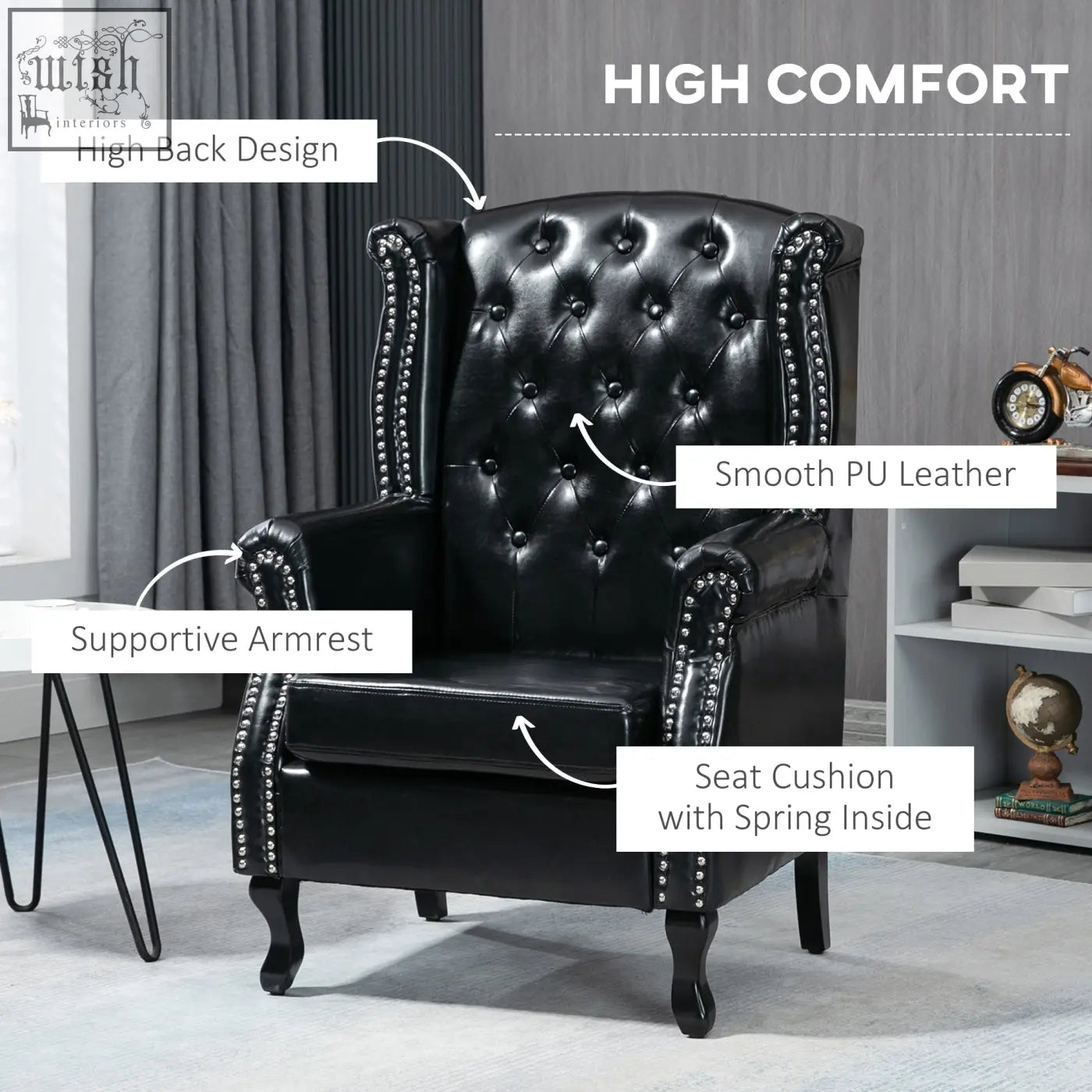 Black HOMCOM wingback accent chair with smooth pu leather, tufted seat cushion, silver nailhead trim, eucalyptus wood frame