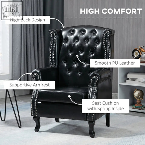 Black HOMCOM wingback accent chair with smooth pu leather, tufted seat cushion, silver nailhead trim, eucalyptus wood frame