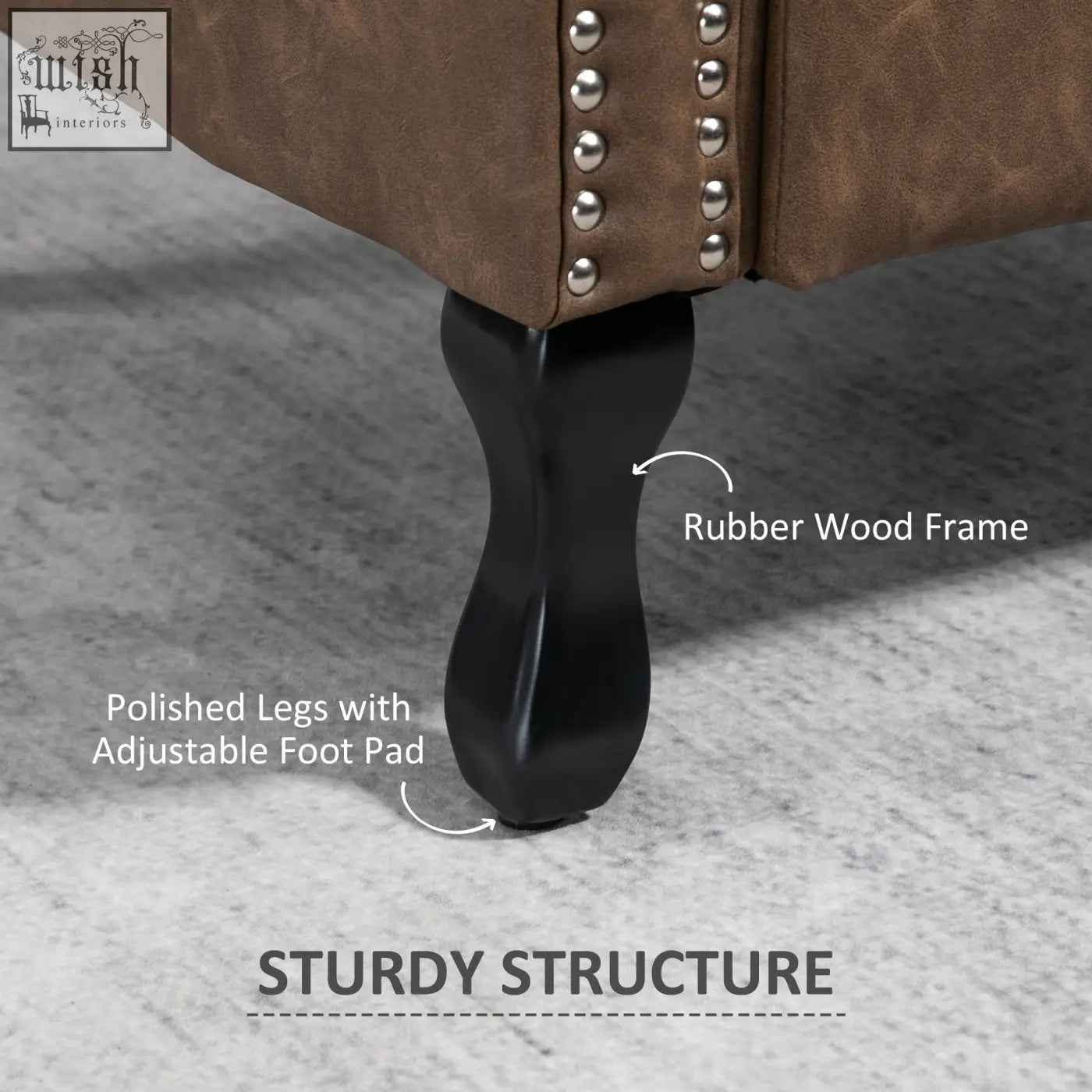 Brown HOMCOM wingback accent chair leg with polished black eucalyptus wood finish and silver nail head trim
