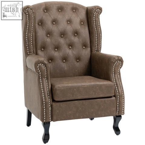 Brown HOMCOM wingback accent chair with tufted seat cushion, eucalyptus wood frame, and silver nail head trim