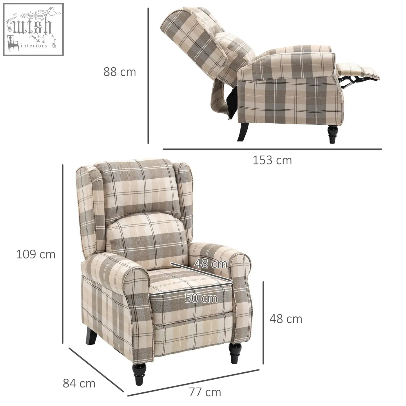 Homcom wingback recliner chair with checked linen upholstery in beige gray for living room comfort and style