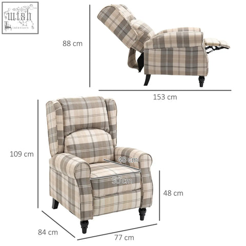 Homcom wingback recliner chair with checked linen upholstery in beige gray for living room comfort and style