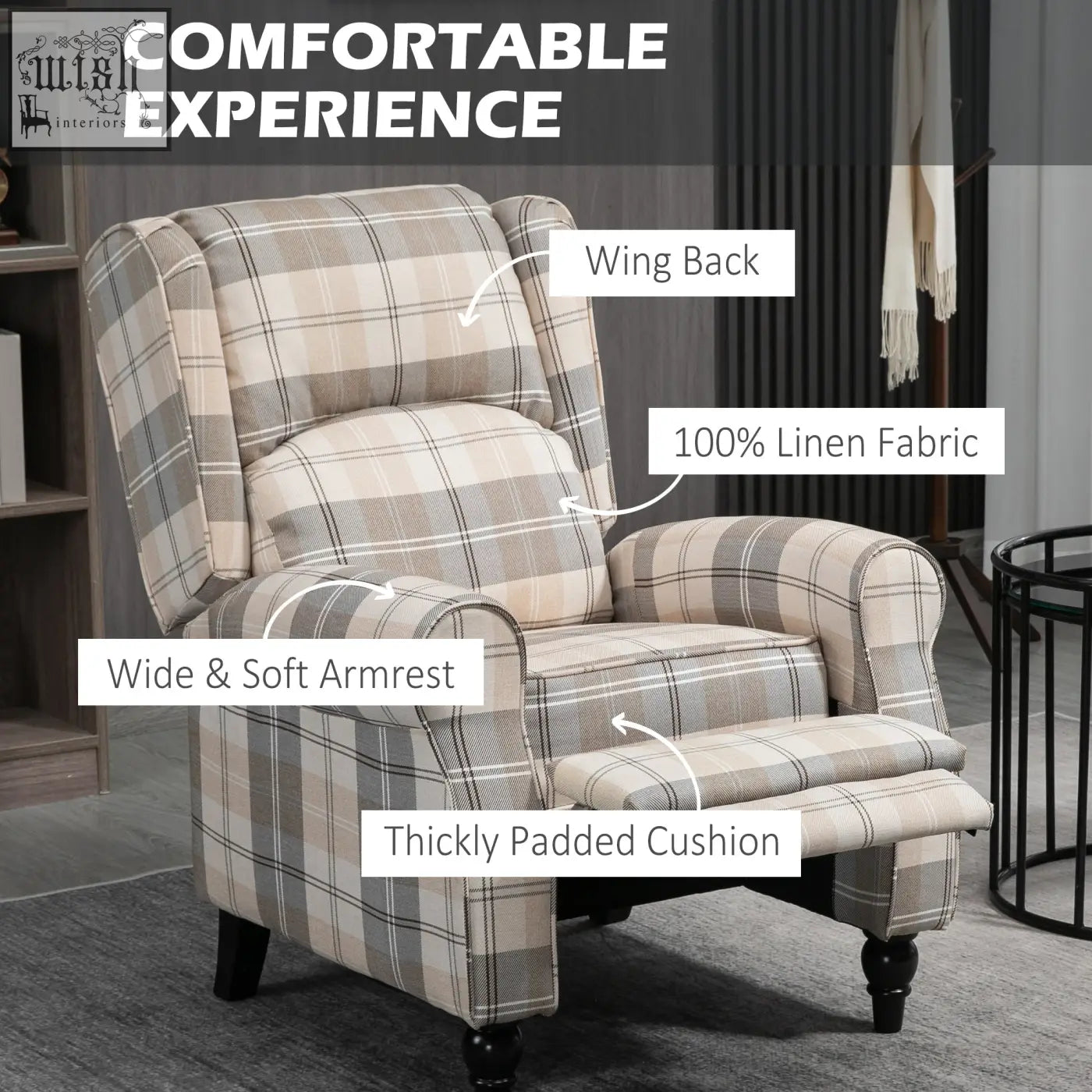 Homcom wingback recliner armchair in khaki with checked linen upholstery and rubber wood legs for living room