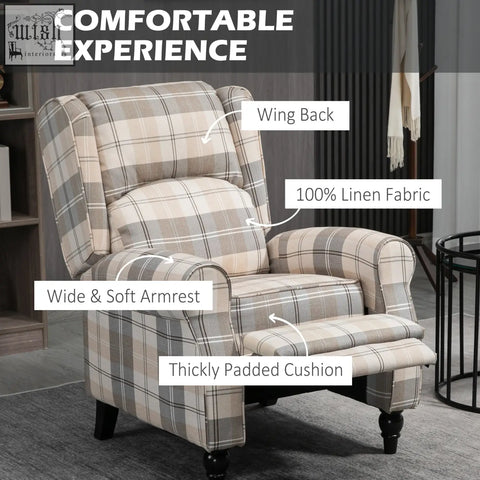 Homcom wingback recliner armchair in khaki with checked linen upholstery and rubber wood legs for living room