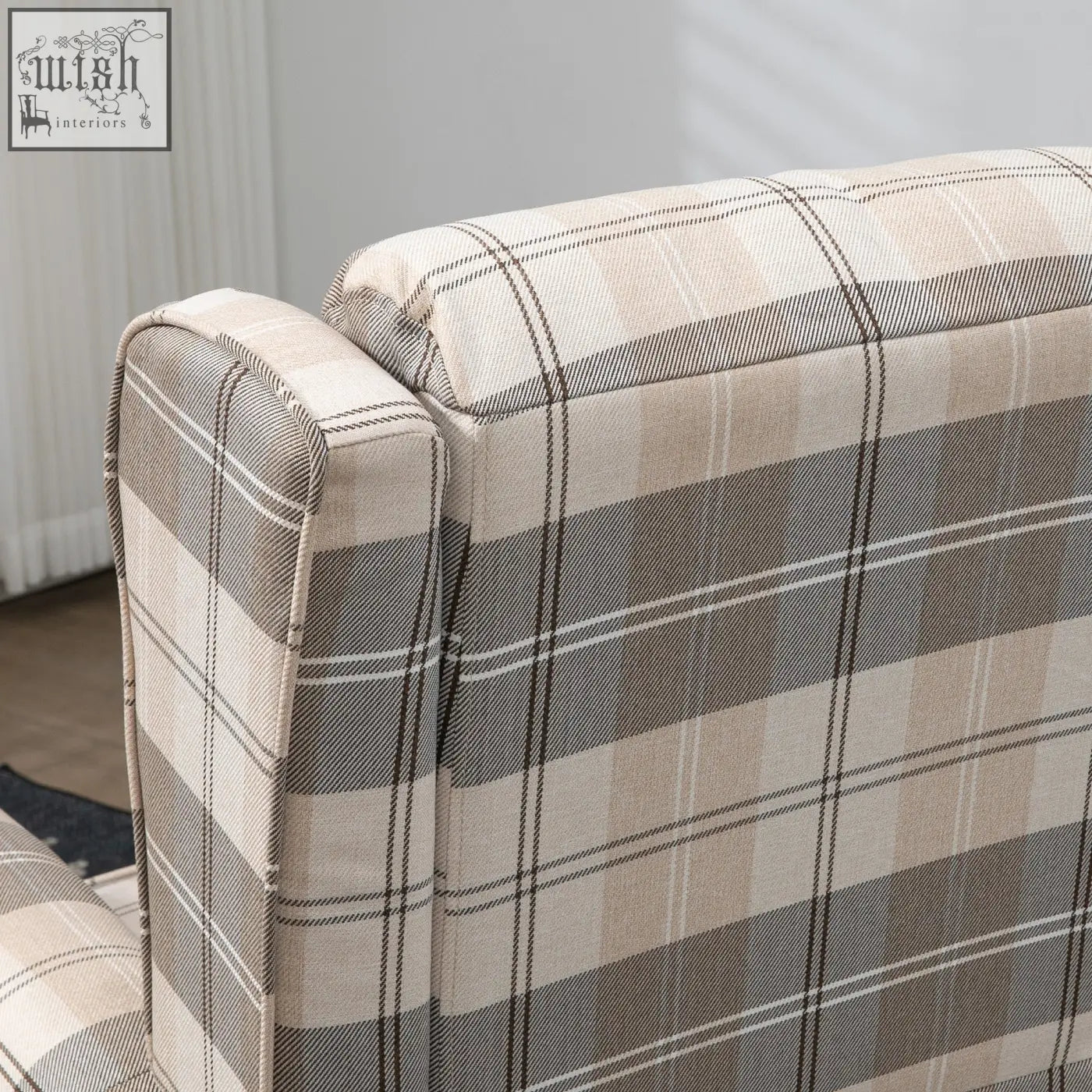 Beige and gray plaid wingback recliner armchair with checked linen upholstery and tufted detailing for living room