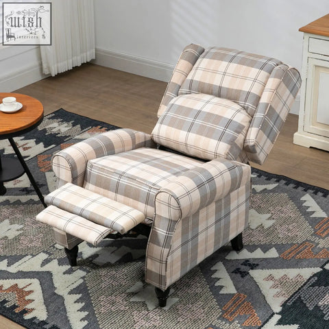 Homcom wingback recliner armchair in khaki with checked linen upholstery fabric and rubber wood legs for living room