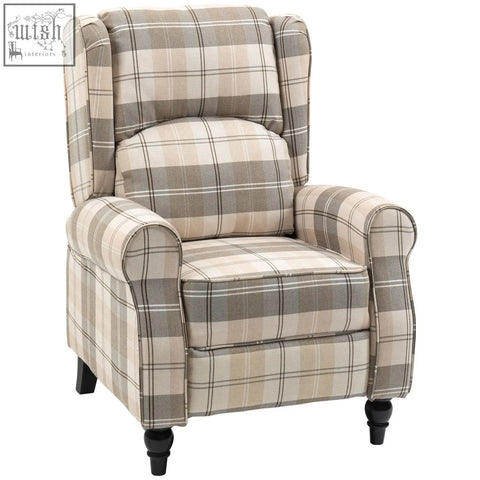 Homcom wingback recliner armchair with plaid checked linen upholstery in beige gray and black for cozy living room use