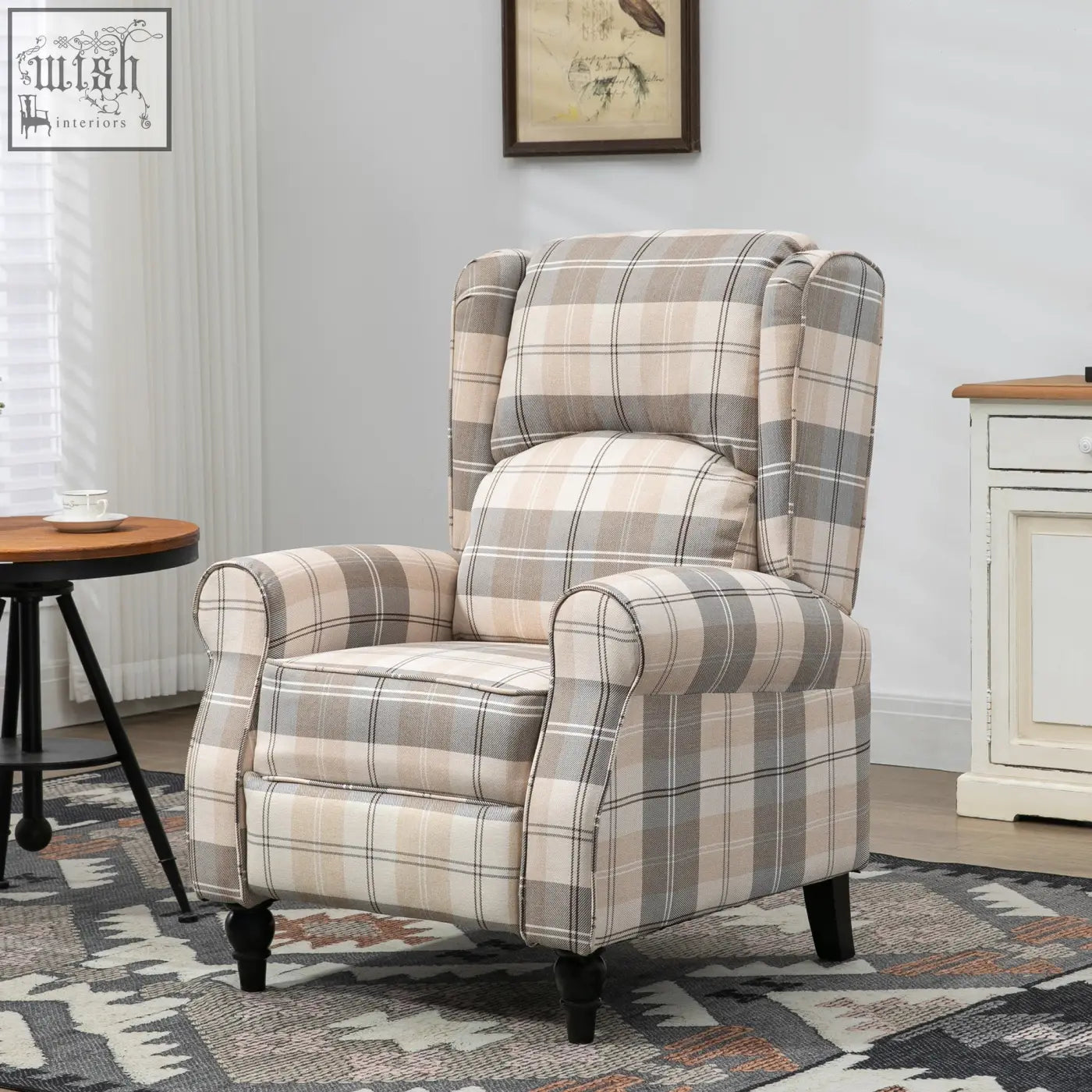 Homcom wingback recliner armchair with pushback reclining, khaki checked linen upholstery, rolled arms, and rubber wood legs