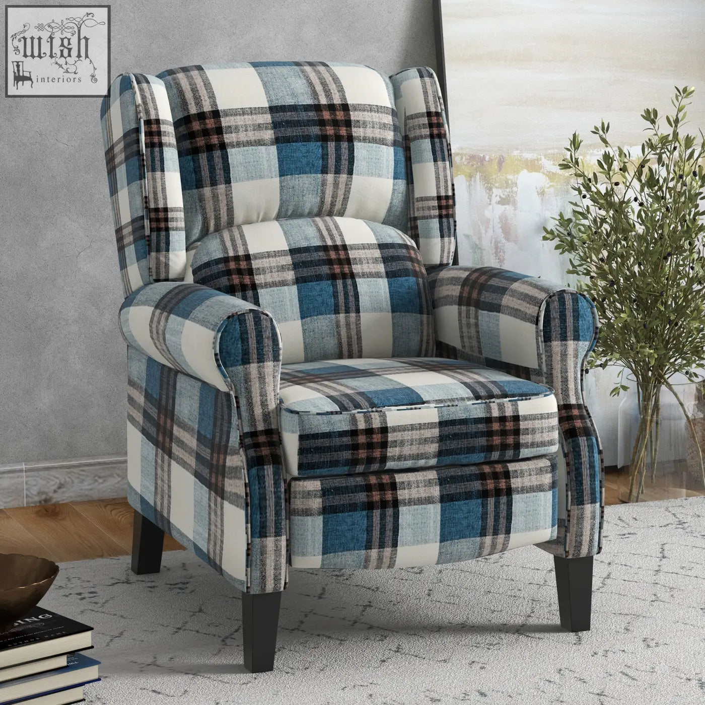 Homcom wingback reclining chair with plaid checked linen-feel upholstery in blue white and gray for living room use