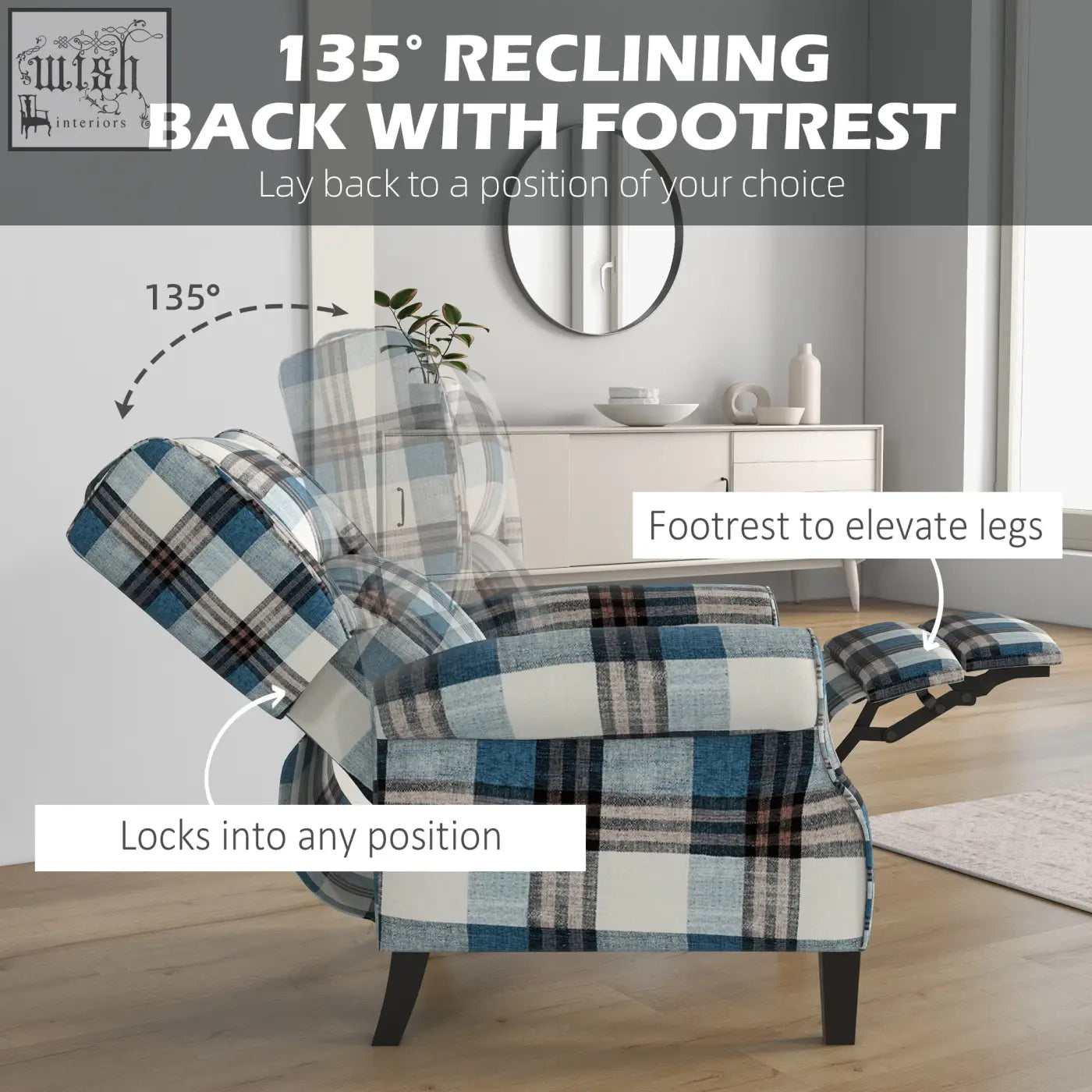 Homcom wingback reclining chair in blue black and white with checked linen-feel upholstery and footrest