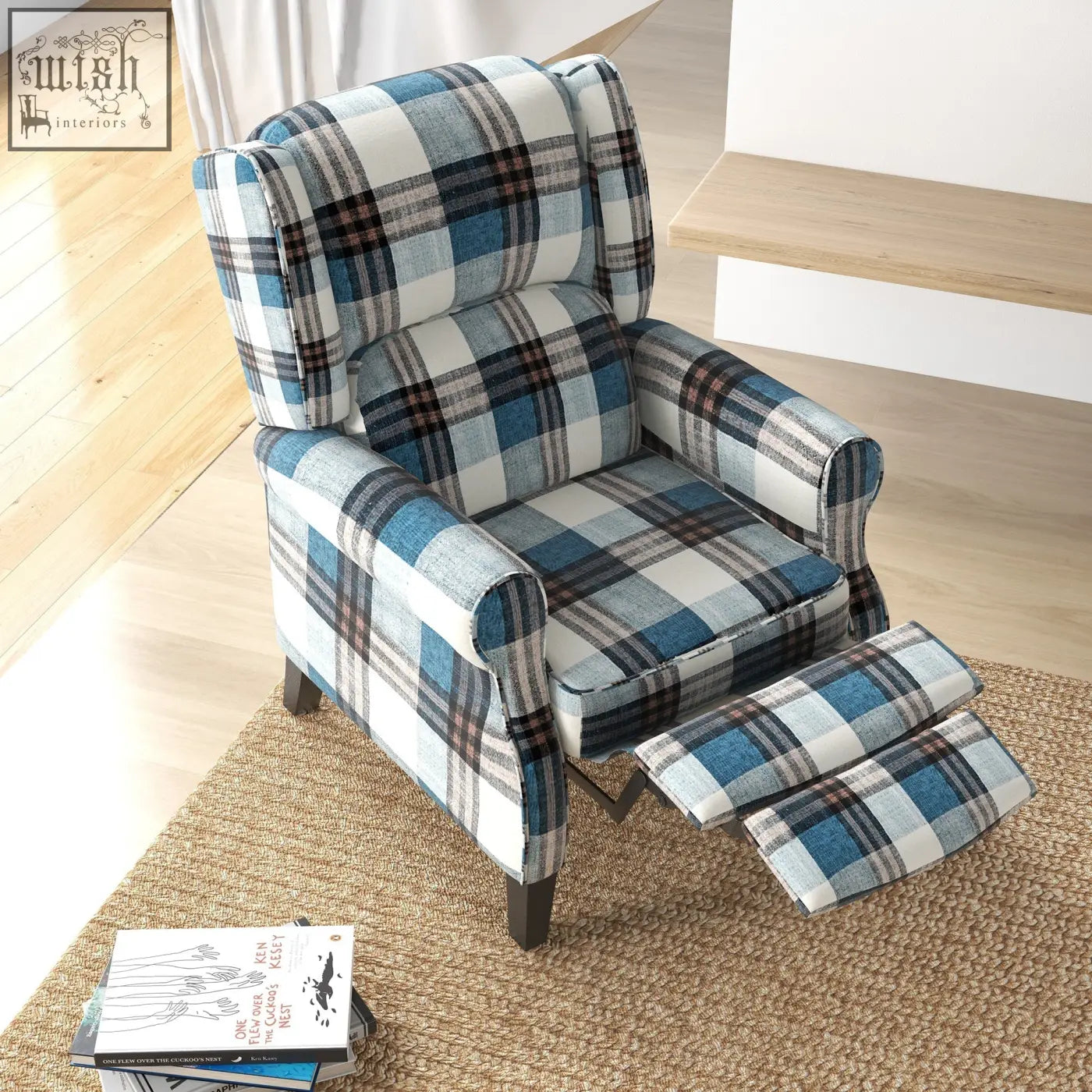 Homcom wingback reclining chair with checked linen-feel upholstery in blue plaid for living room and bedroom use