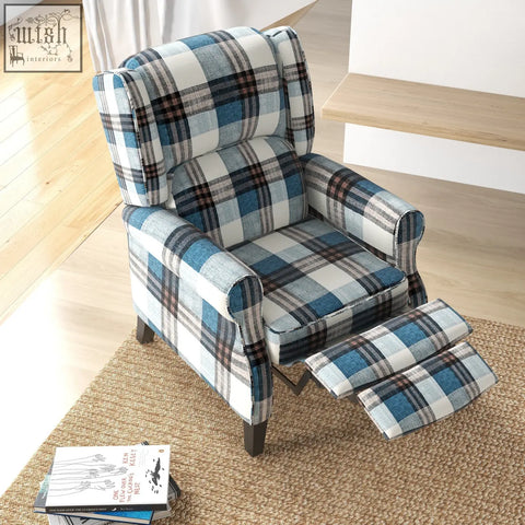 Homcom wingback reclining chair with checked linen-feel upholstery in blue plaid for living room and bedroom use