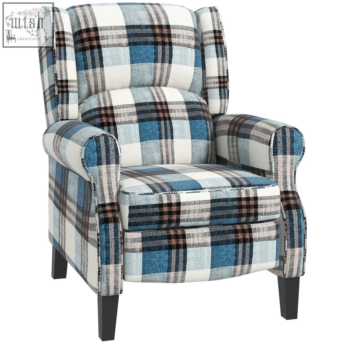 Homcom wingback reclining chair with plaid checked linen-feel upholstery in blue for living room and bedroom use