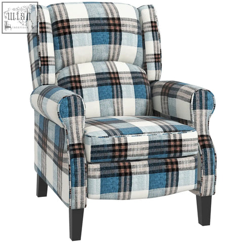 Homcom wingback reclining chair with plaid checked linen-feel upholstery in blue for living room and bedroom use