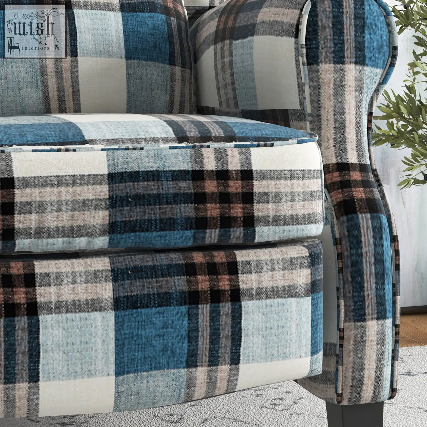 Blue and gray plaid wingback reclining chair with checked linen-feel upholstery and wood legs for living room