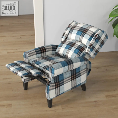 Blue checked linen-feel upholstery wingback reclining chair with dark wood legs for living room or bedroom use